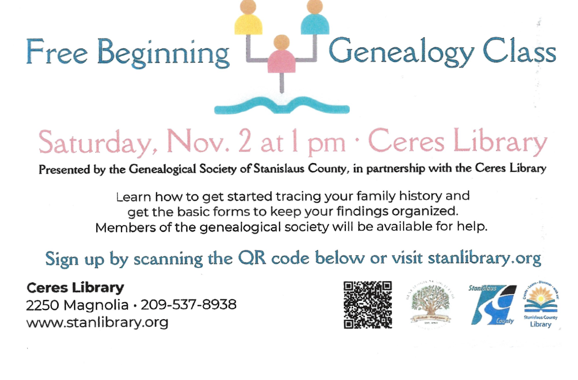 Free beginning Genealogy Class on Saturday, November 2nd at 1:00 PM